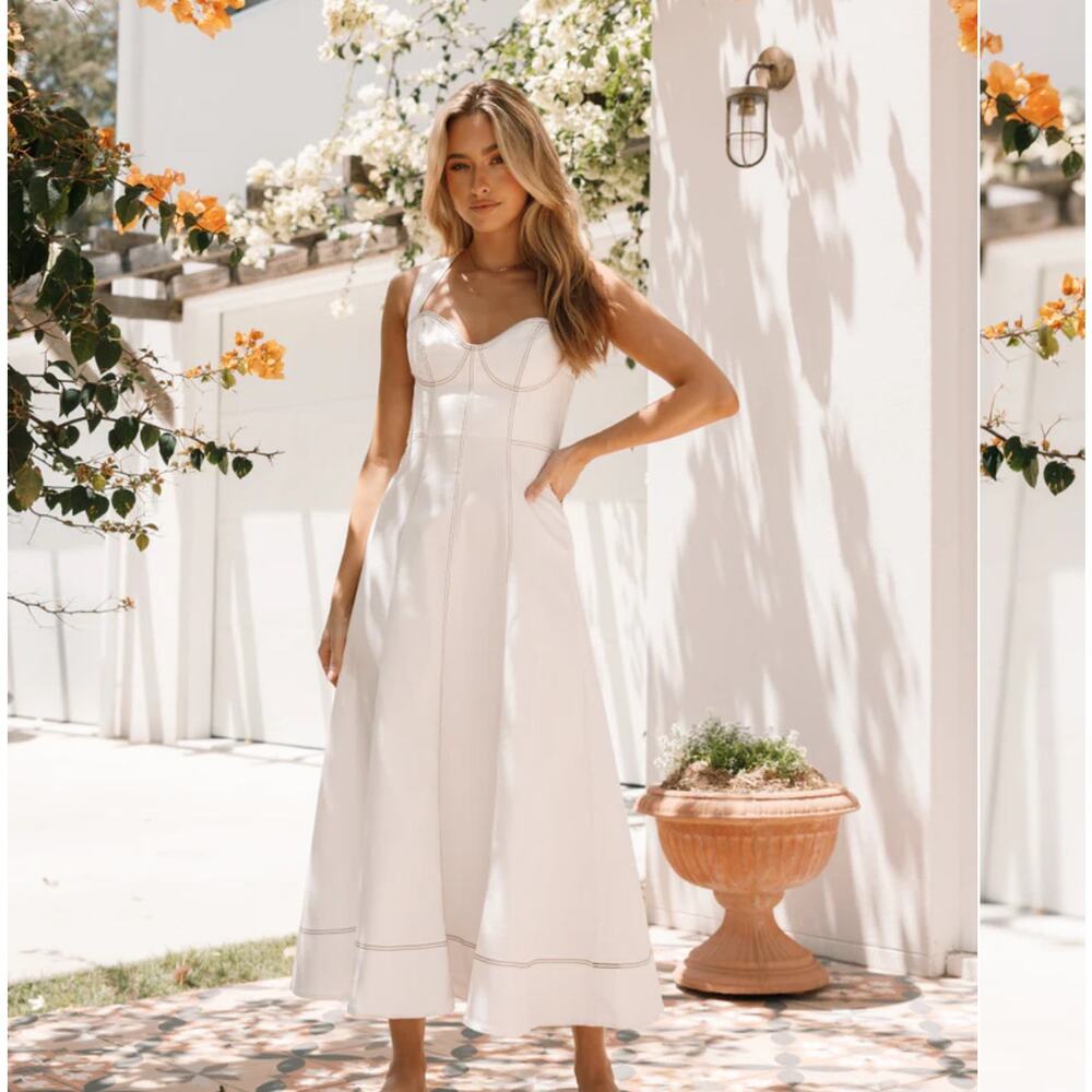 Petal + Pup Everly Cross back MIDI Dress White Denim New  women Size S